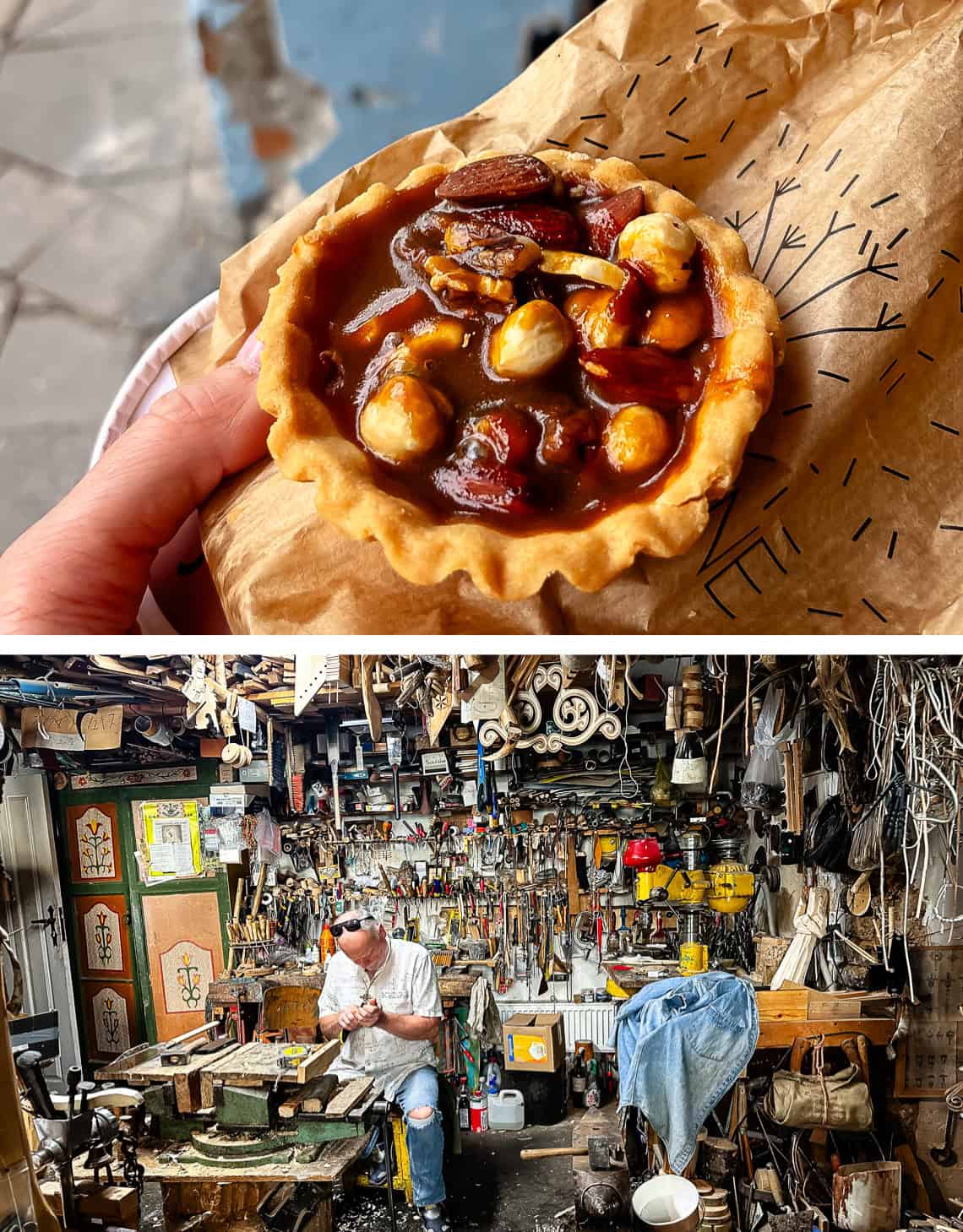 hazelnut tart, man in carpenter shop.