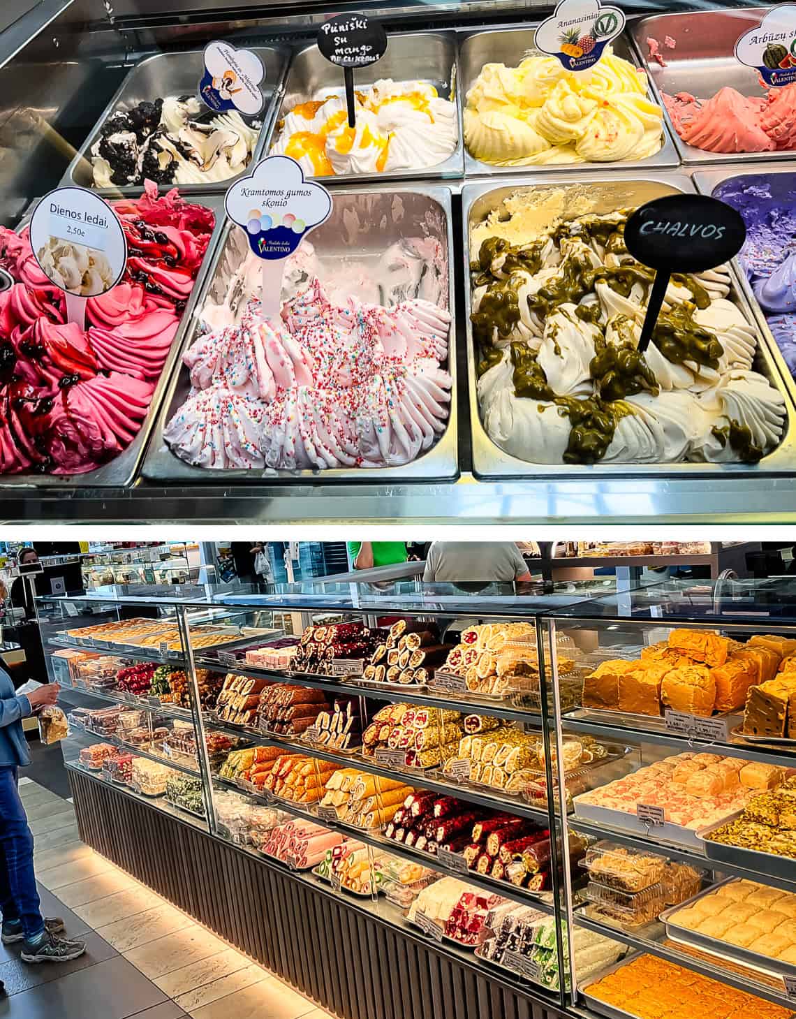 ice cream from a shop, pastries behind a counter.