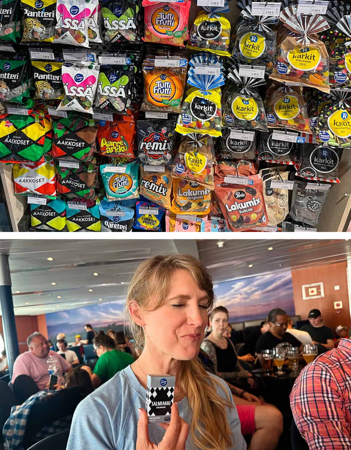 licorice in a store, woman making a sour face.