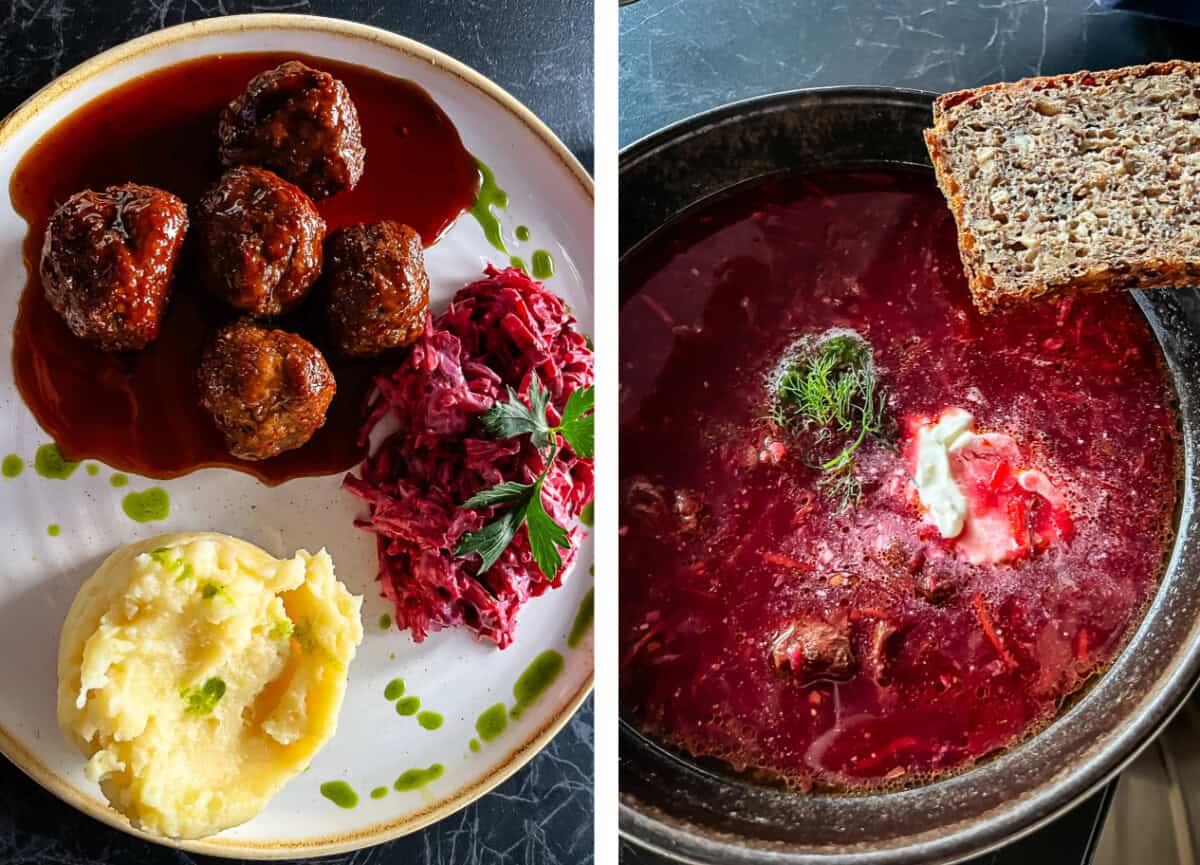 Meatballs and potatoes, borscht soup.