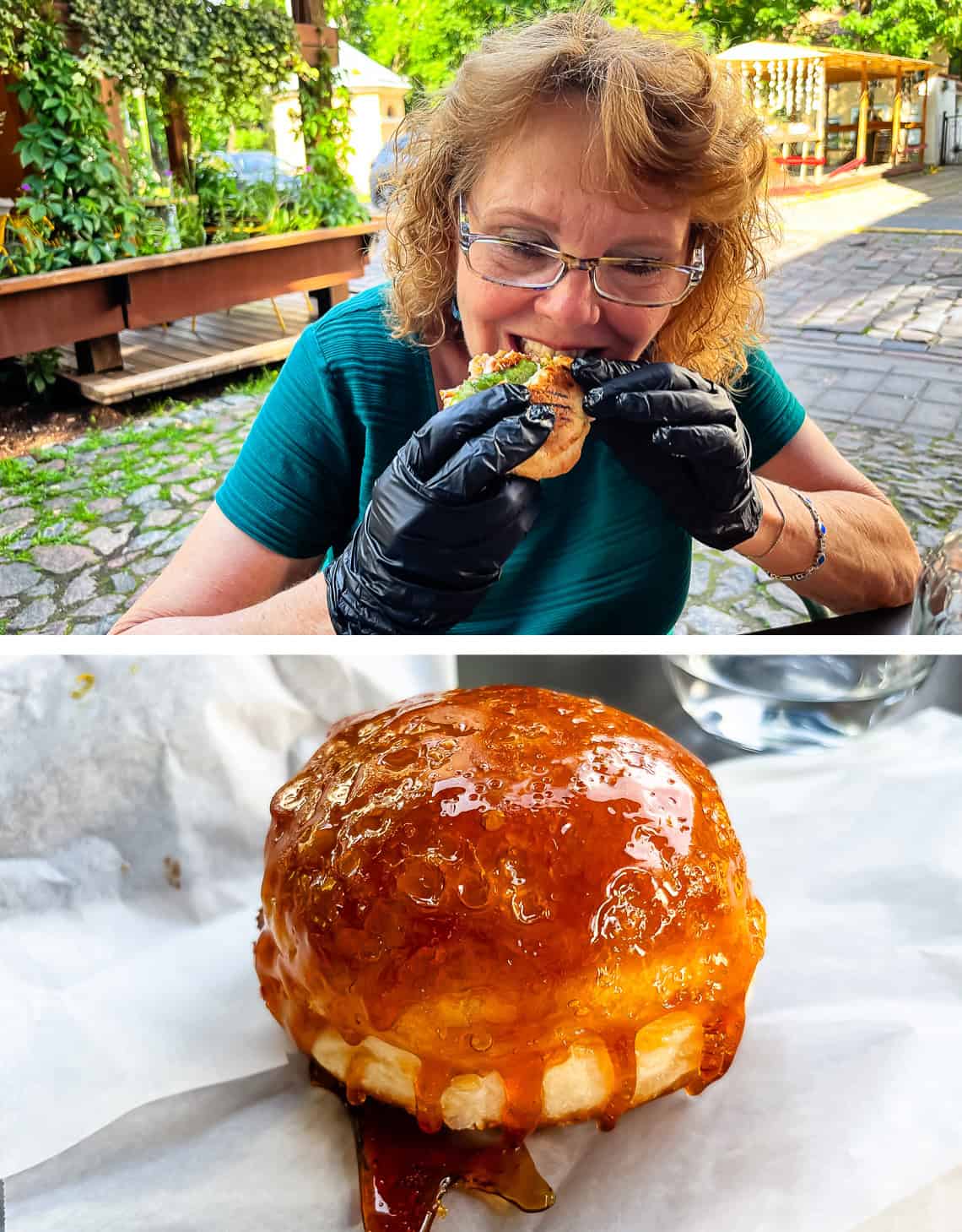 woman eating hamburger with gloves, donut.