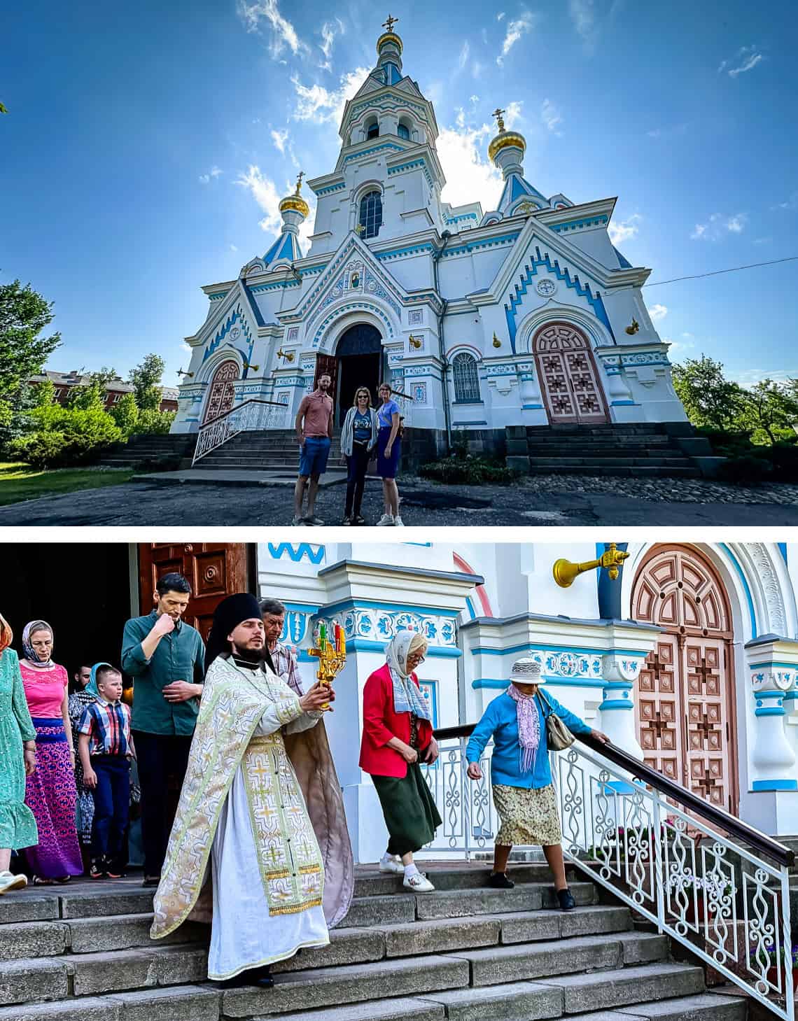 orthodox church white and blue, priest swinging incense.