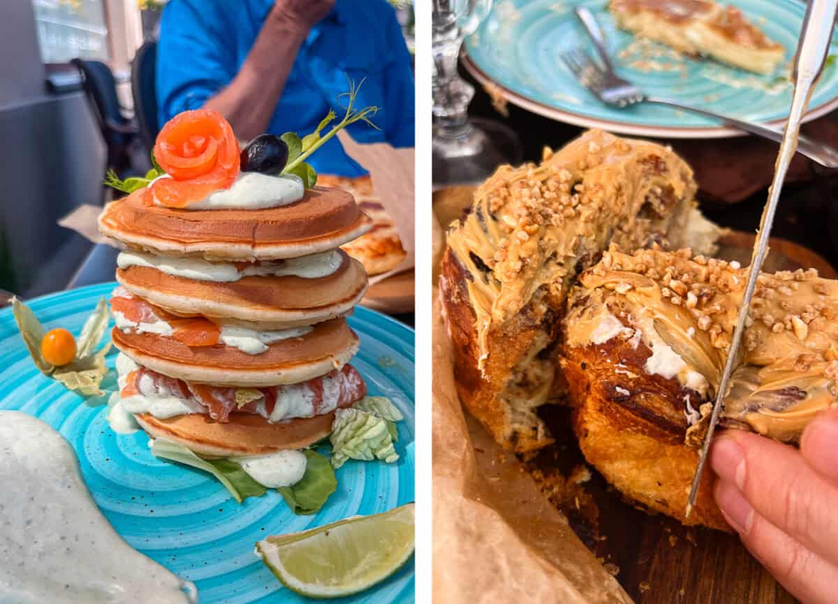 salmon pancakes, caramel pastry.