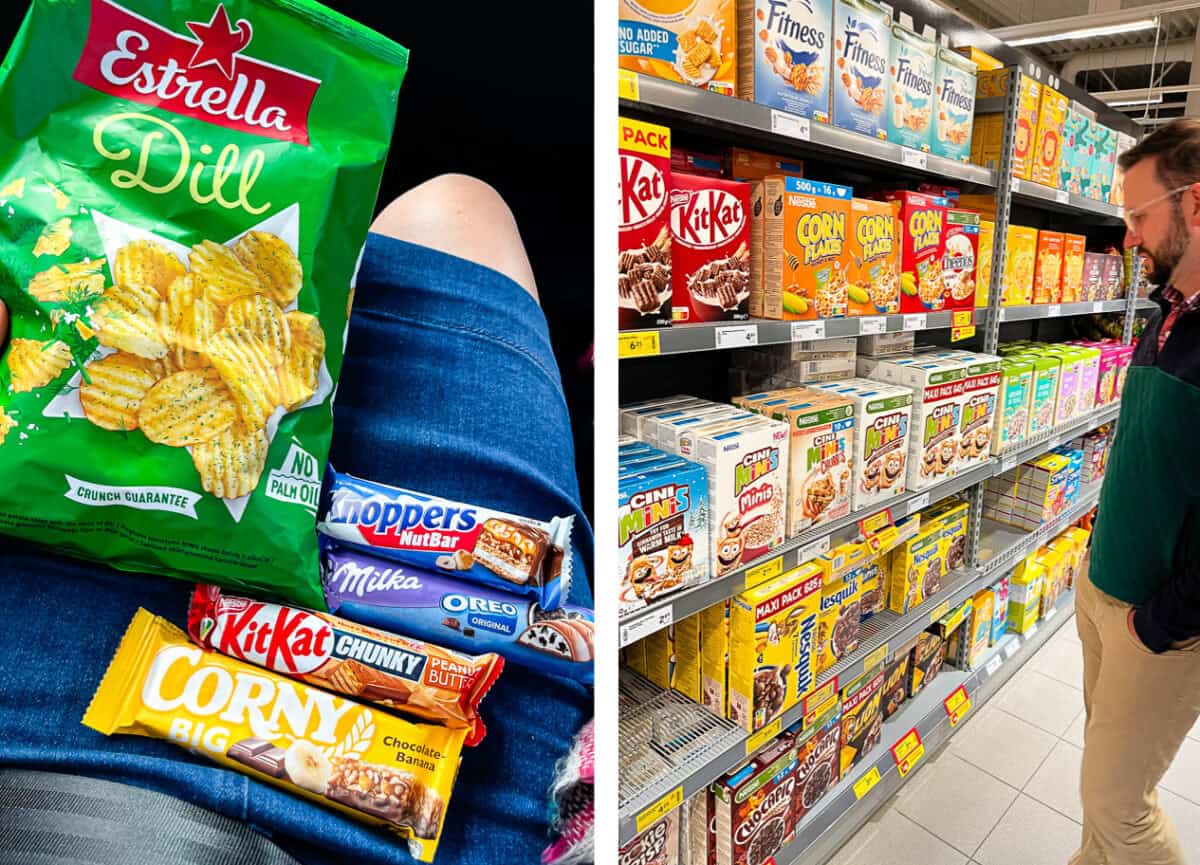 snacks on someone's lap, cereal aisle at the grocery store.