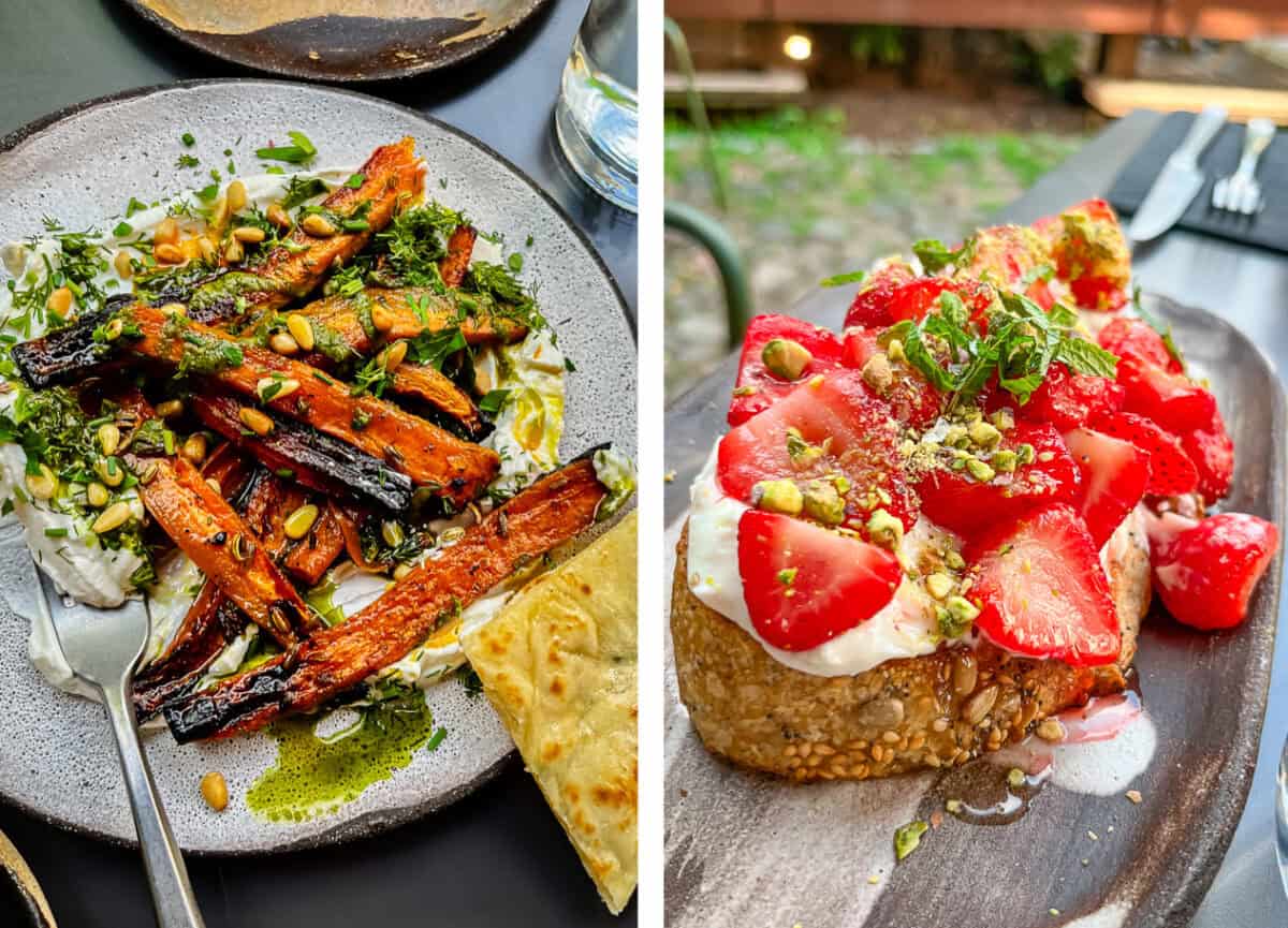 carrot with cream sauce, strawberry bruschetta.