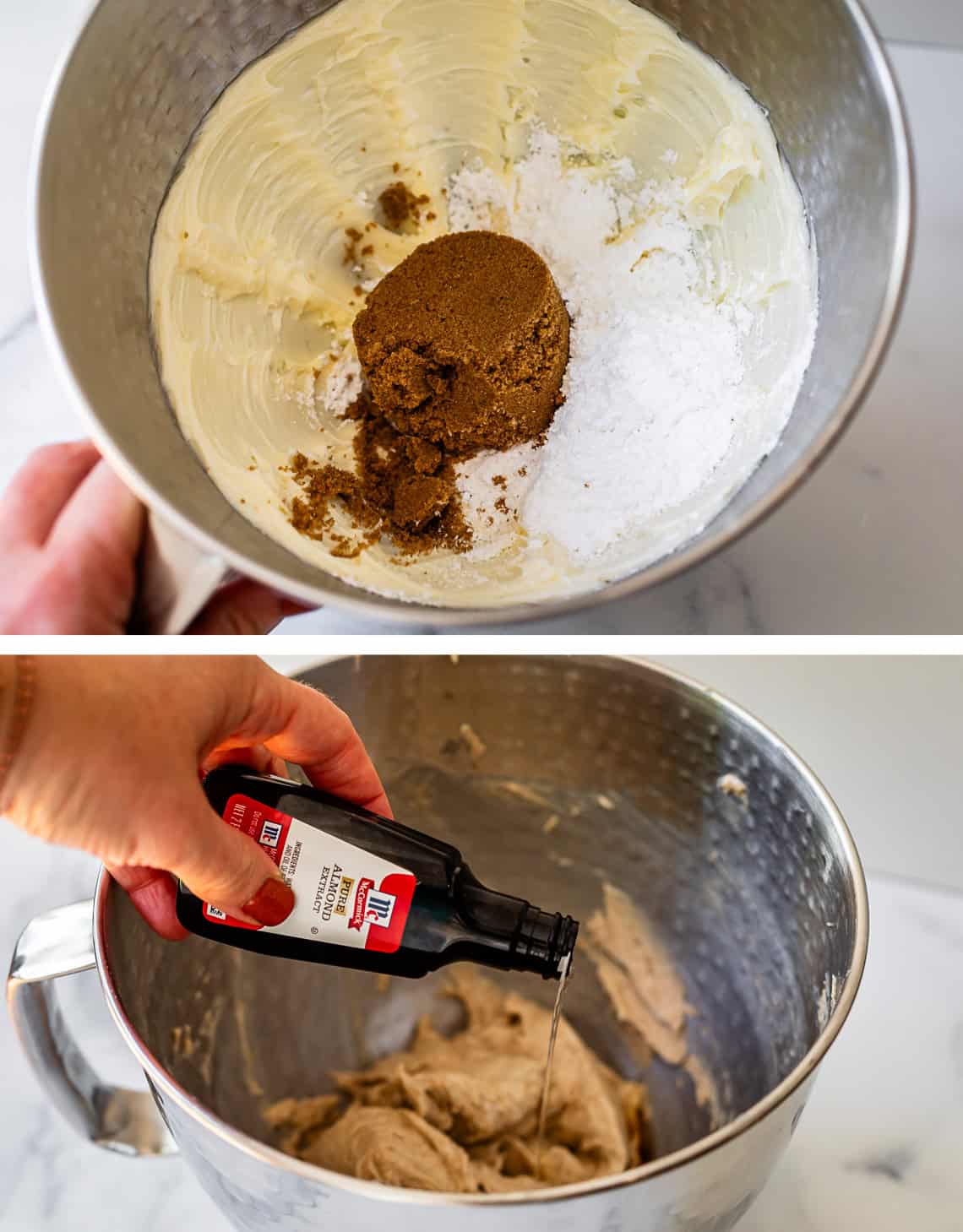 top: butter and sugars in mixing bowl; bottom hand pouring in almond extract from a bottle.