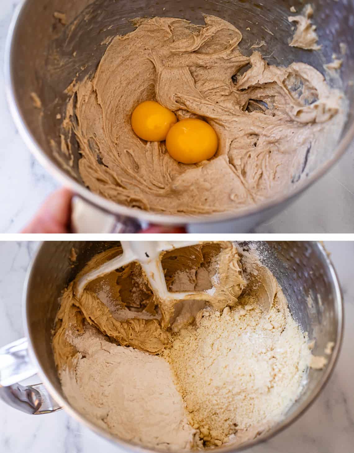 top: egg yolks in dough; bottom: almond and all purpose flours added to bowl.