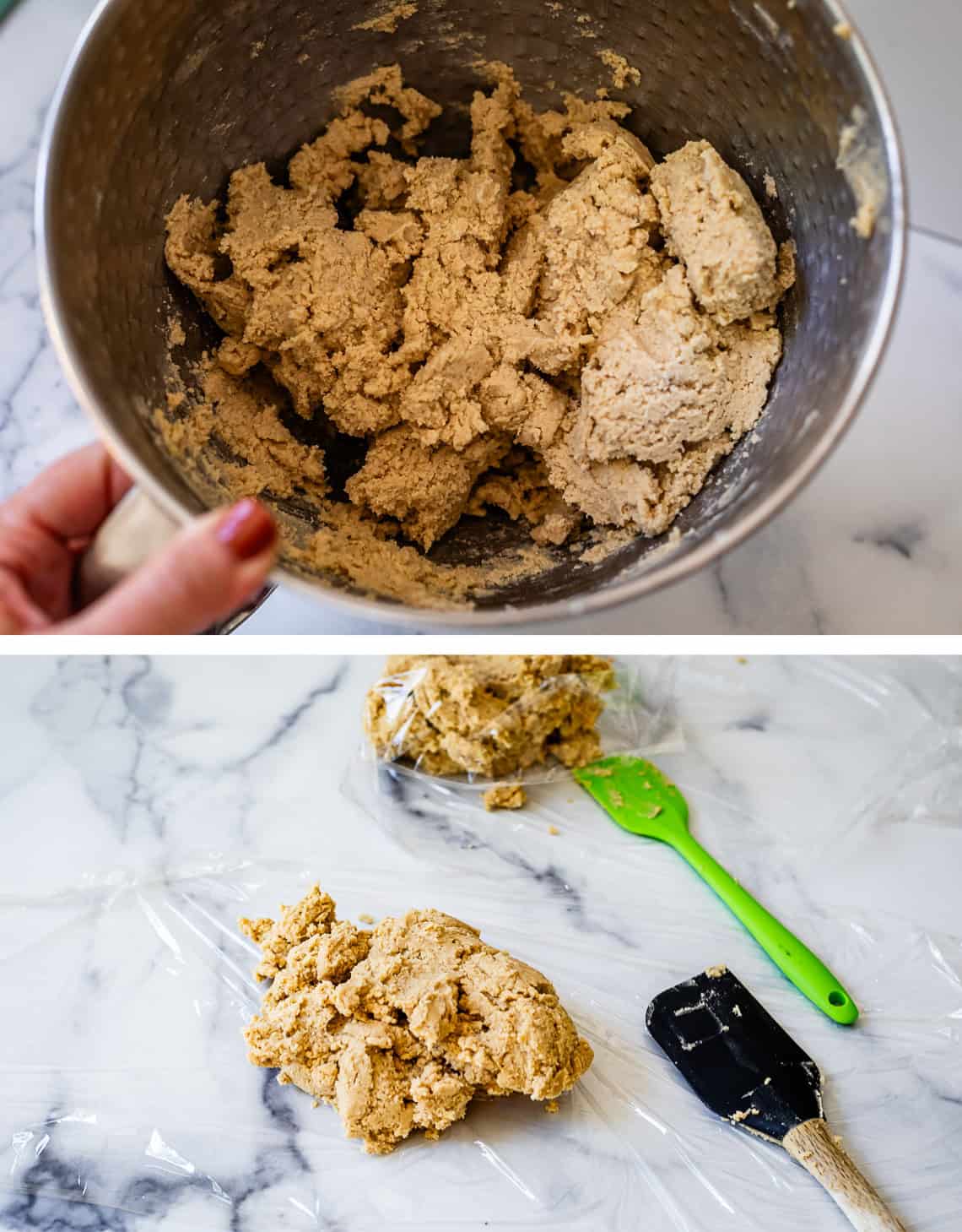 top: finished cookie dough in mixing bowl; bottom: dough being portioned on plastic wrap.