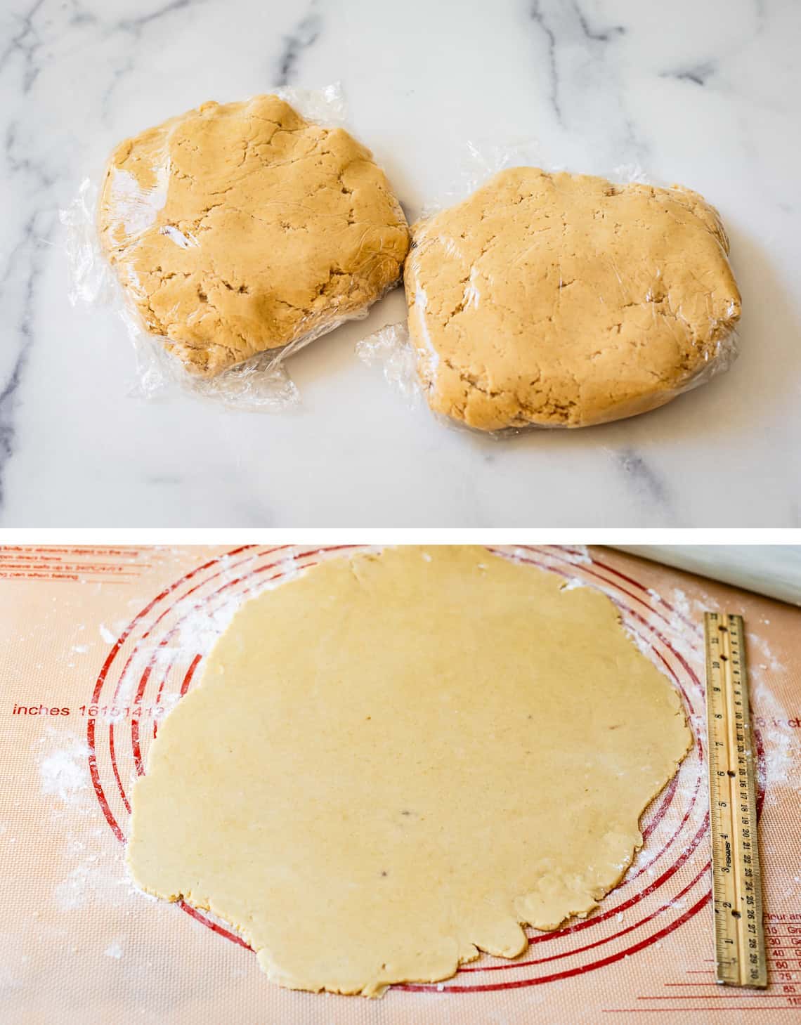 top: two dough discs in plastic wrap, bottom: one disc rolled out thin.
