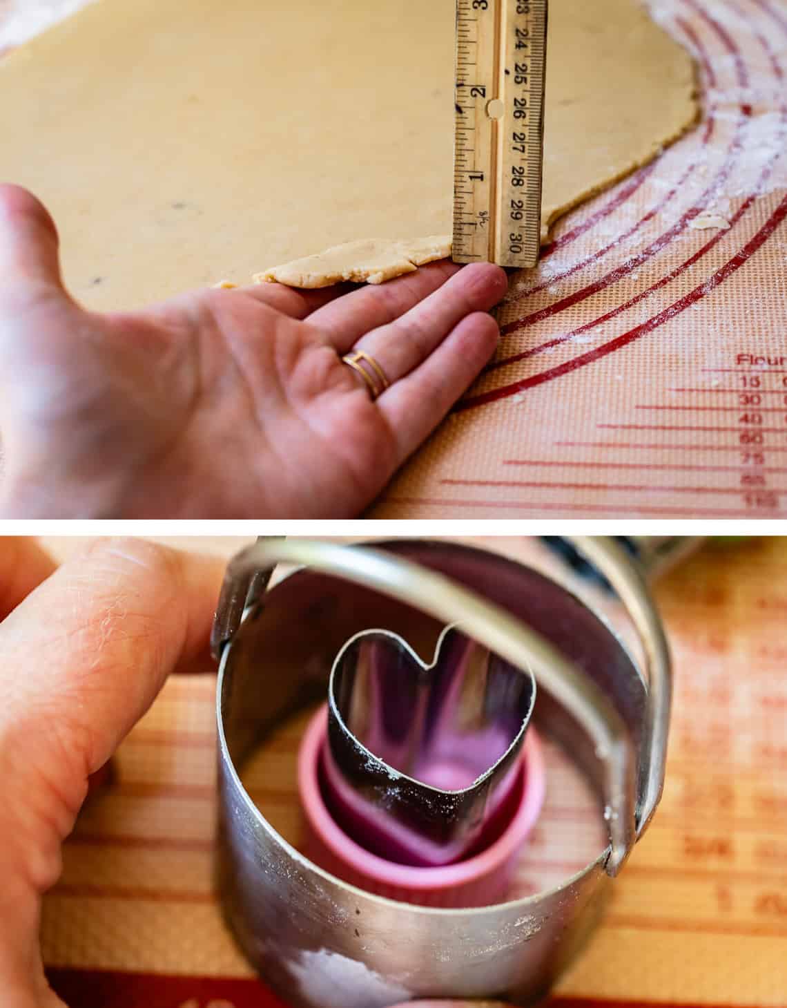 top: ruler showing the cookie dough rolled out thin, about 1/8", bottom: cookie cutters.