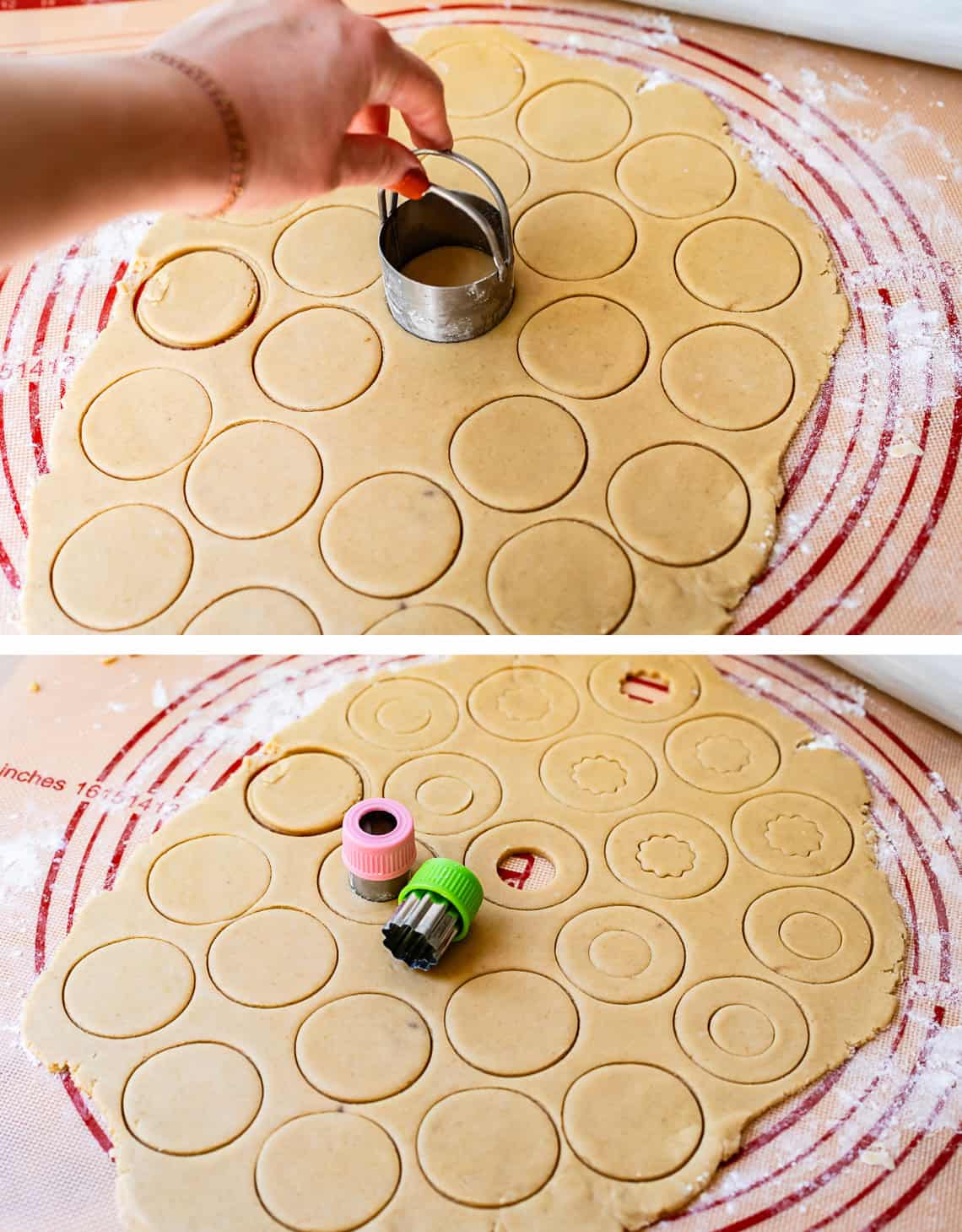 top: cutting out 2" circle from dough; bottom: using smaller shape cutter to cut center design.