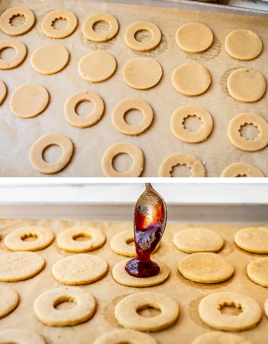 top: raw dough on pan ready to be baked, bottom: spoon adding jam to top of baked cookie.