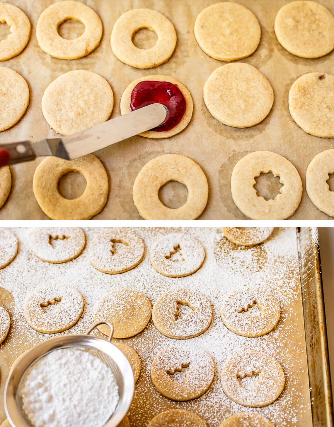top: small spatula spreading jam on cookie, bottom: sifting powdered sugar onto the top cookies.