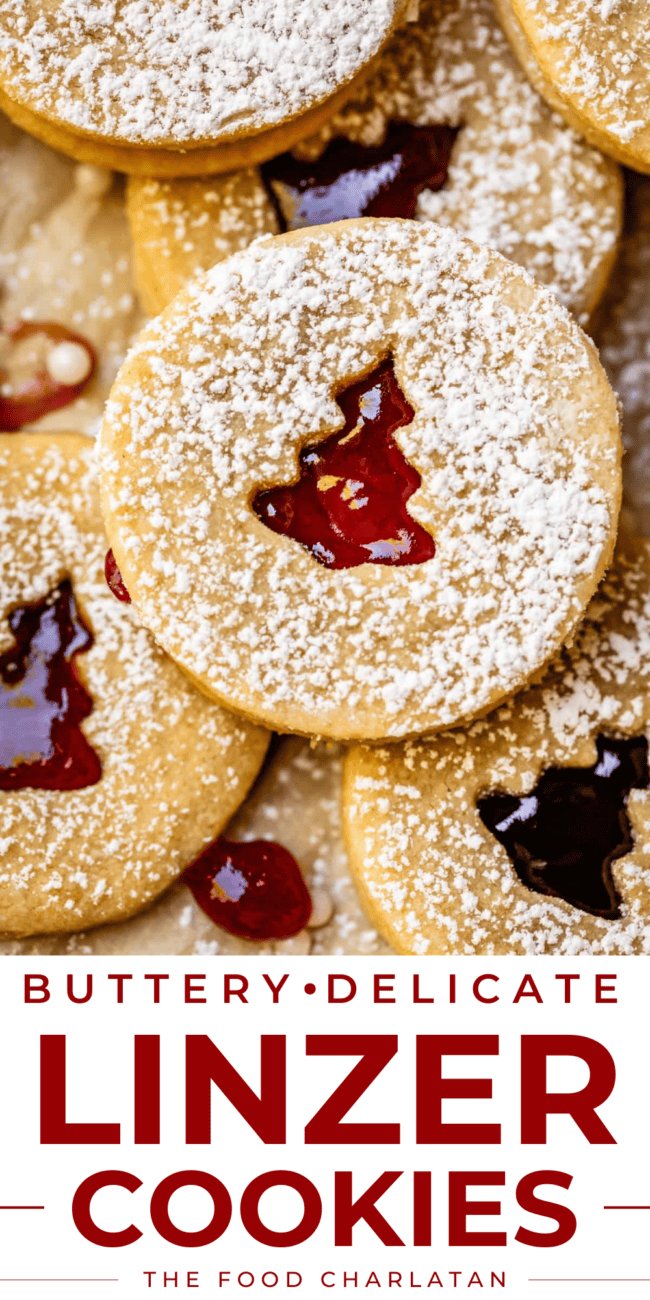 Pinterest image of butter cookie with christmas tree cut out and jam.
