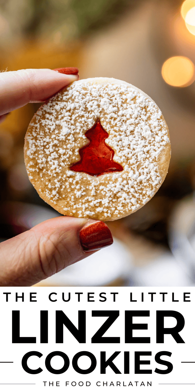 Linzer cookie held up with two fingers in front of christmas lights.