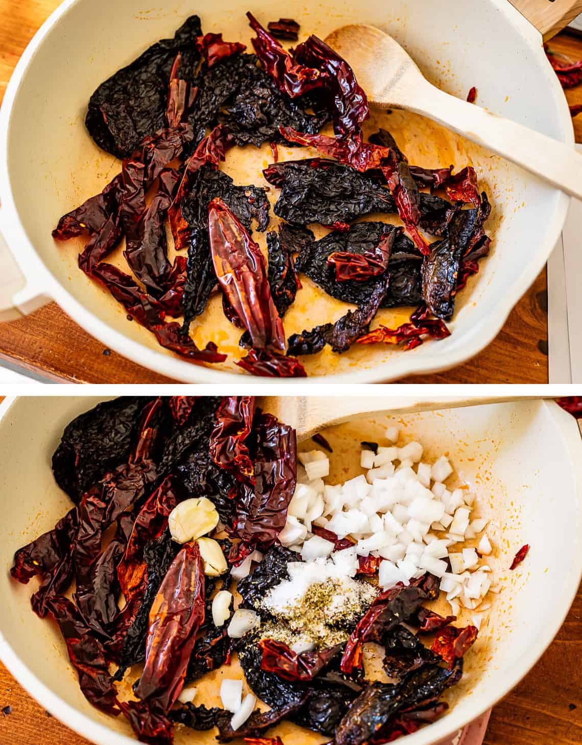 top: chiles toasting in pot with oil, bottom: adding in onion and garlic to pan.