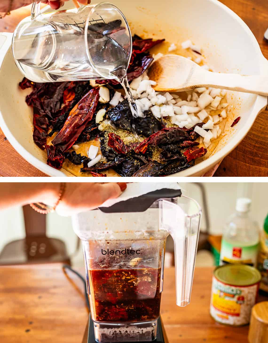 water pouring from a liquid measuring cup into pan with chiles; bottom all of it in a blender unblended.