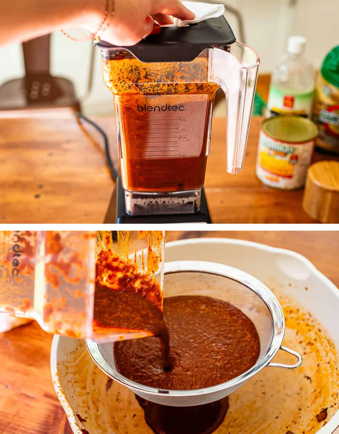 top: chile sauce blended in a blender; bottom: pouring chile sauce through a strainer.