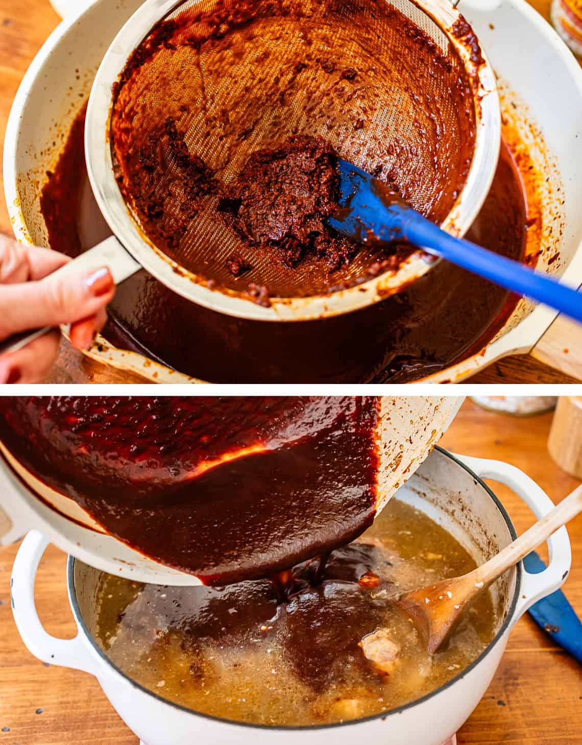 leftover chile bits in strainer; bottom: pouring chile sauce into the soup.