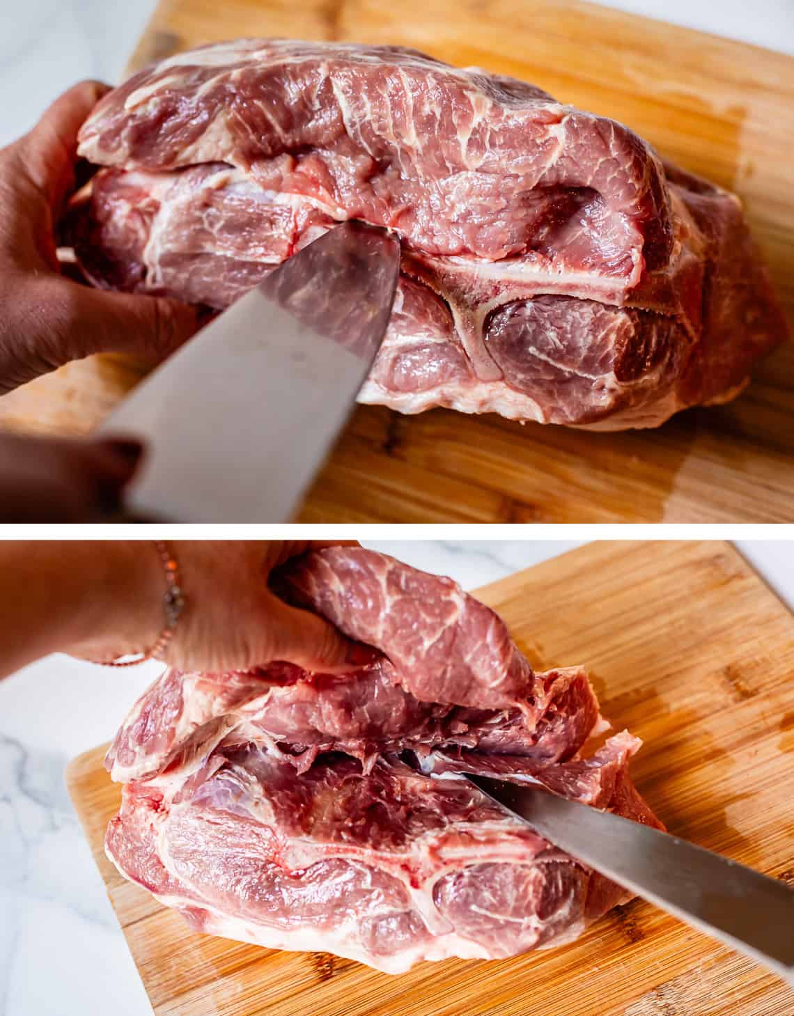 top: knife making first cut by bone; bottom: knife lifting flap of meat from bone.
