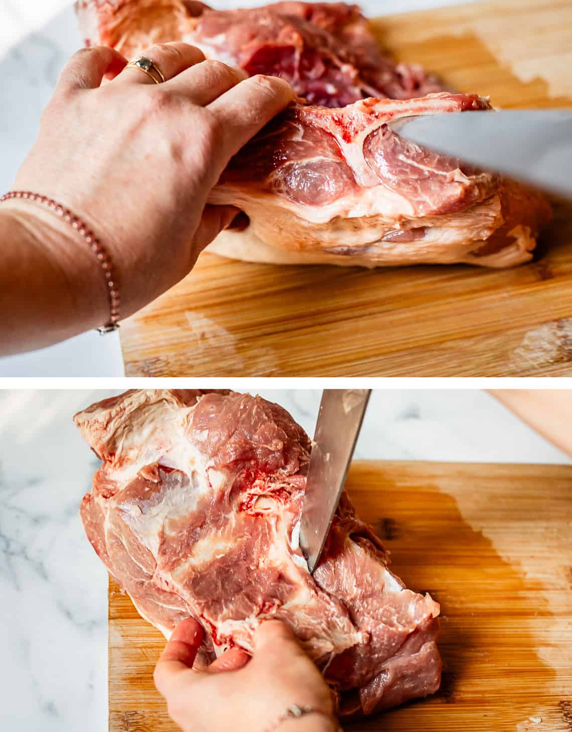 knife cutting into curvy part of bone; bottom: knife moving vertically to cut meat from bone.