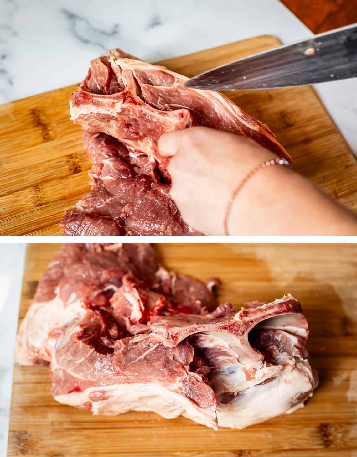 hand holding pork shoulder bone; bottom: bone nearly completely cut out.
