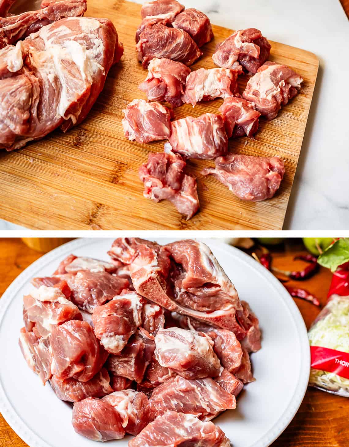 top: cutting pork into 2" pieces on cutting board; bottom: all chopped meat on a plate.