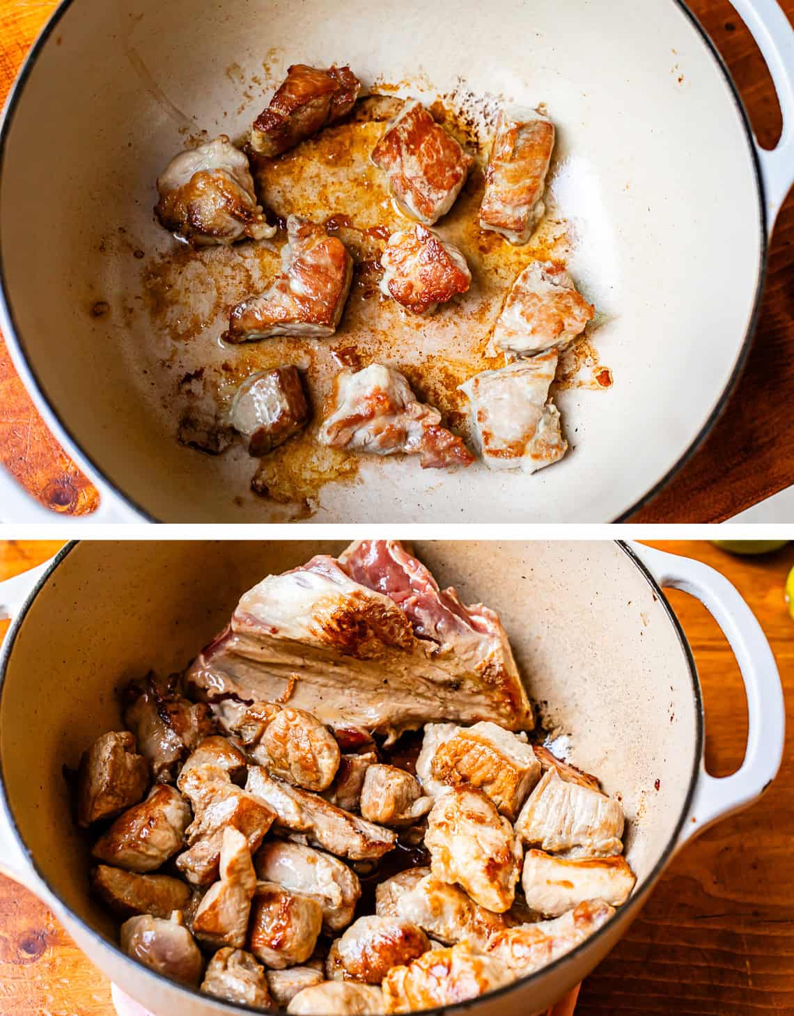 top: searing pork pieces in a pot; bottom all seared pieces back in pot with pork bone.