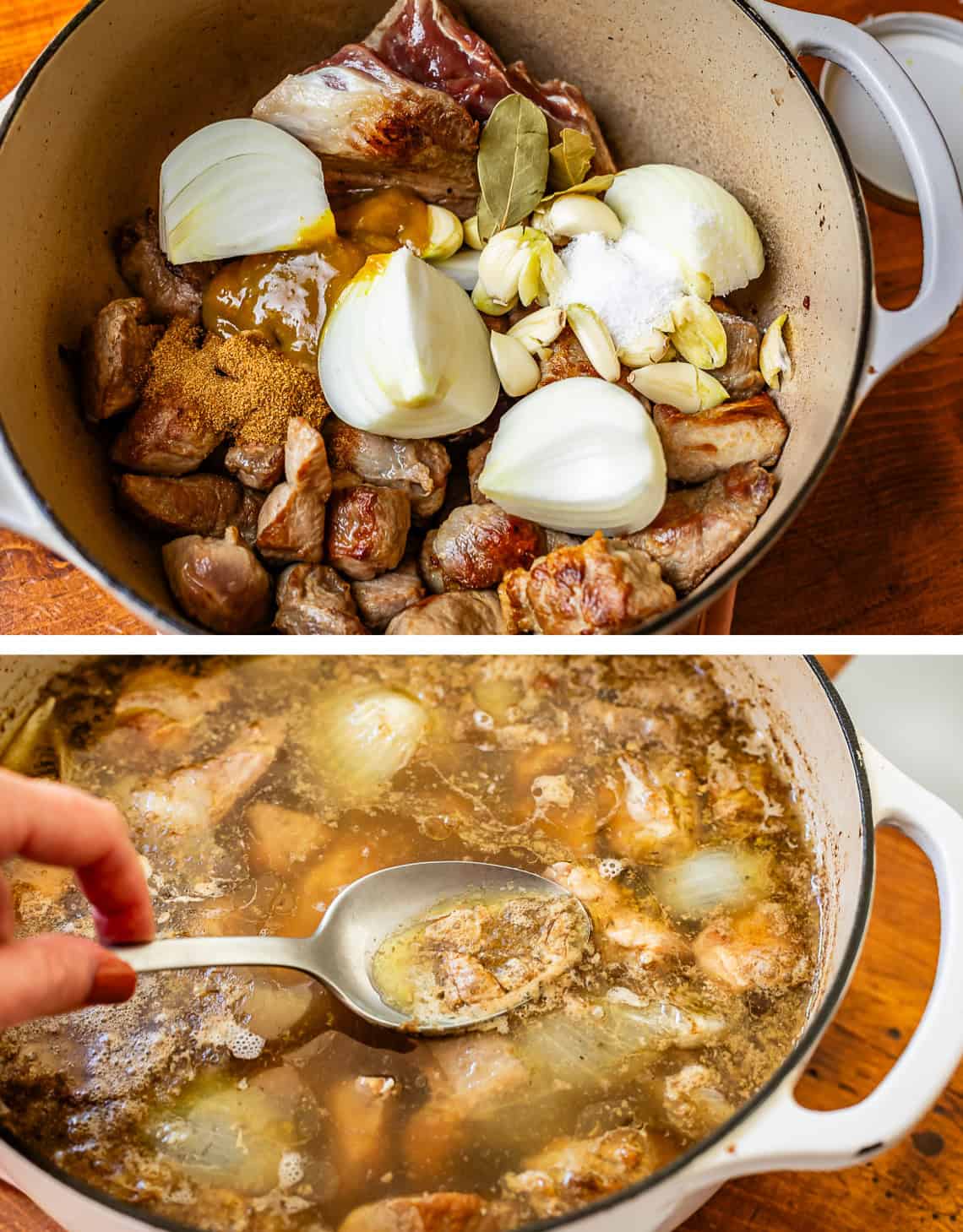 onions and more added to pot; bottom: hand using a metal spoon to remove scum from soup.