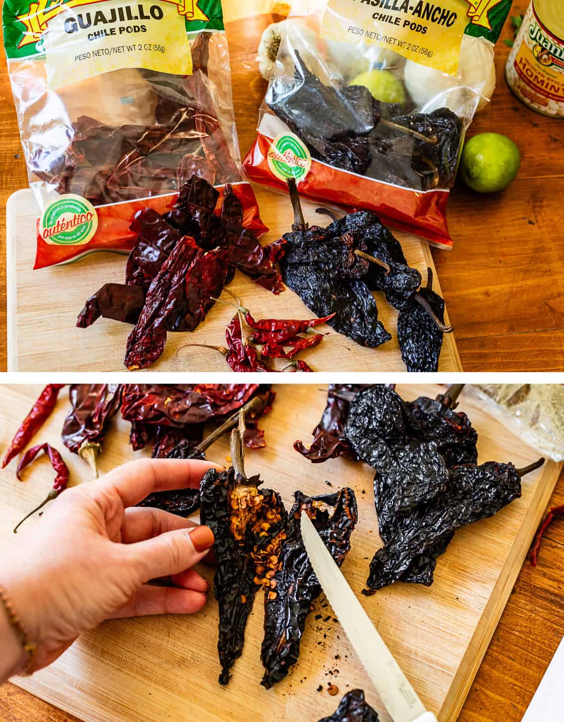 top: dried chiles in bags; bottom: hand and knife splitting a chile to remove seeds.