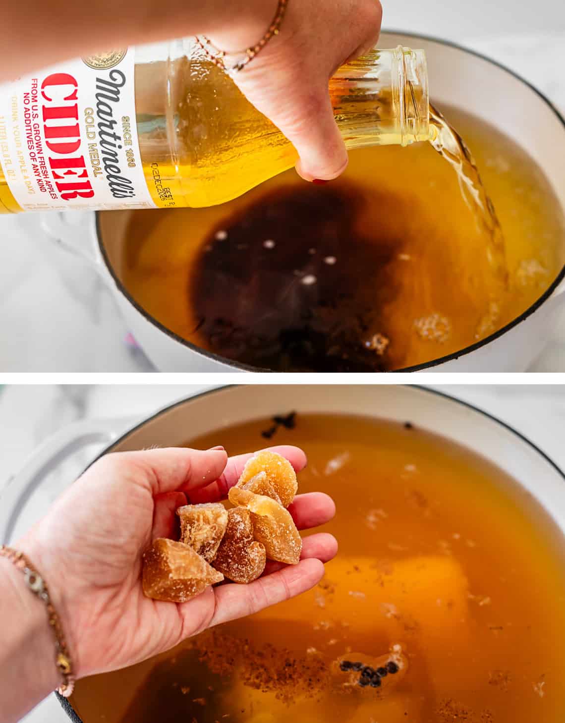 top: hand pouring apple cider from glass jar into pot; Bottom: hand adding spiced ginger.