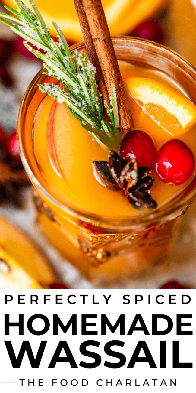 pinterest image of wassail in glass with text "perfectly spiced homemade wassail".