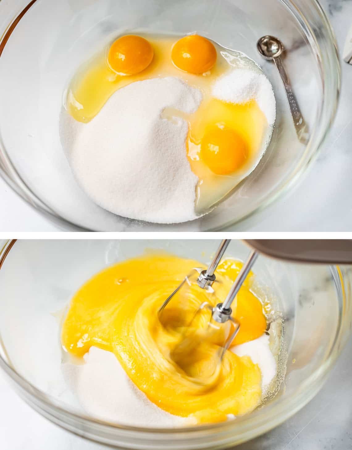 top: egg yolks and sugar in glass bowl, bottom: hand mixer blending the two.
