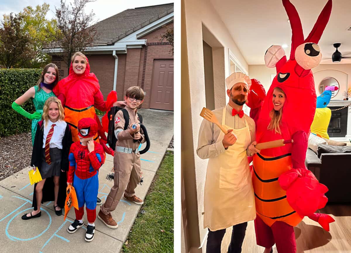 family in Halloween costumes, man and woman in costumes. 