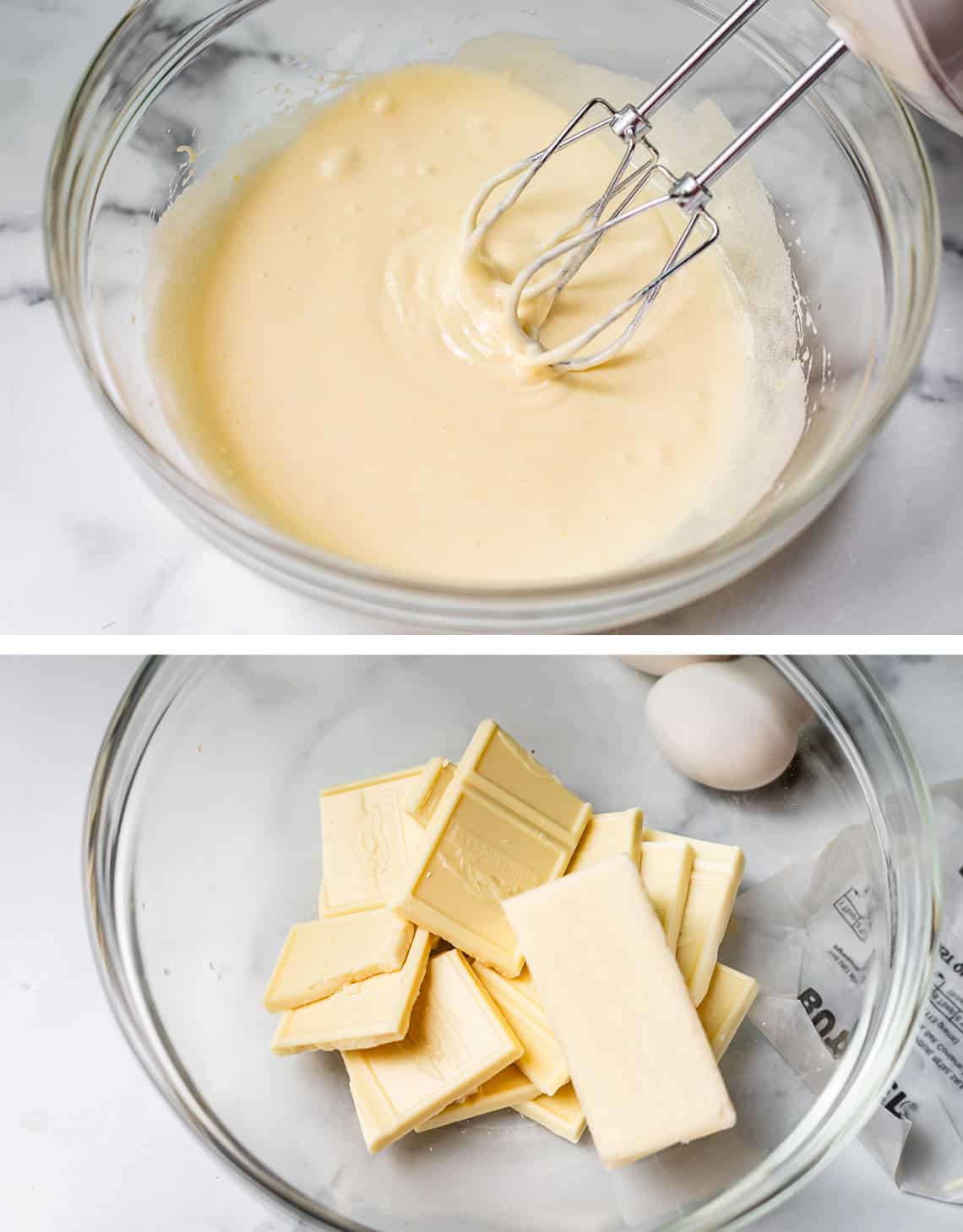 top: mixture of creamed egg yolk and sugar, bottom: butter and white chocolate unmelted.