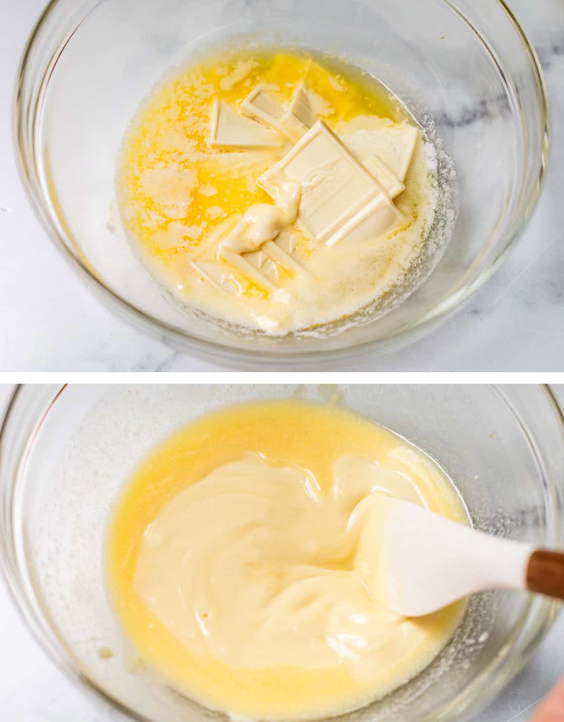 top: halfway melted butter and white chocolate in glass bowl, bottom: spatula stirring til smooth.