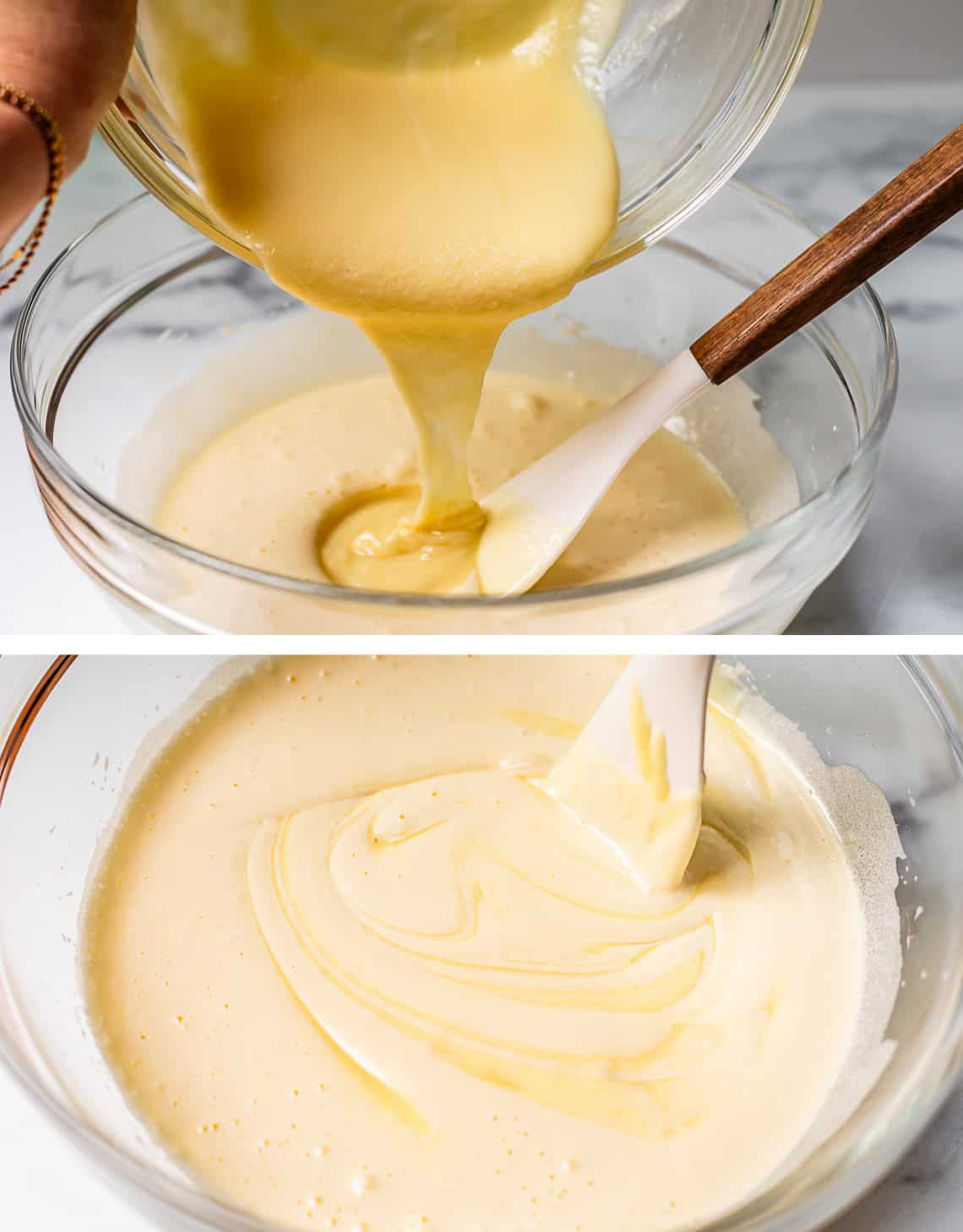 top: melted butter and white chocolate pouring into bowl with eggs and sugar, bottom: stirred.