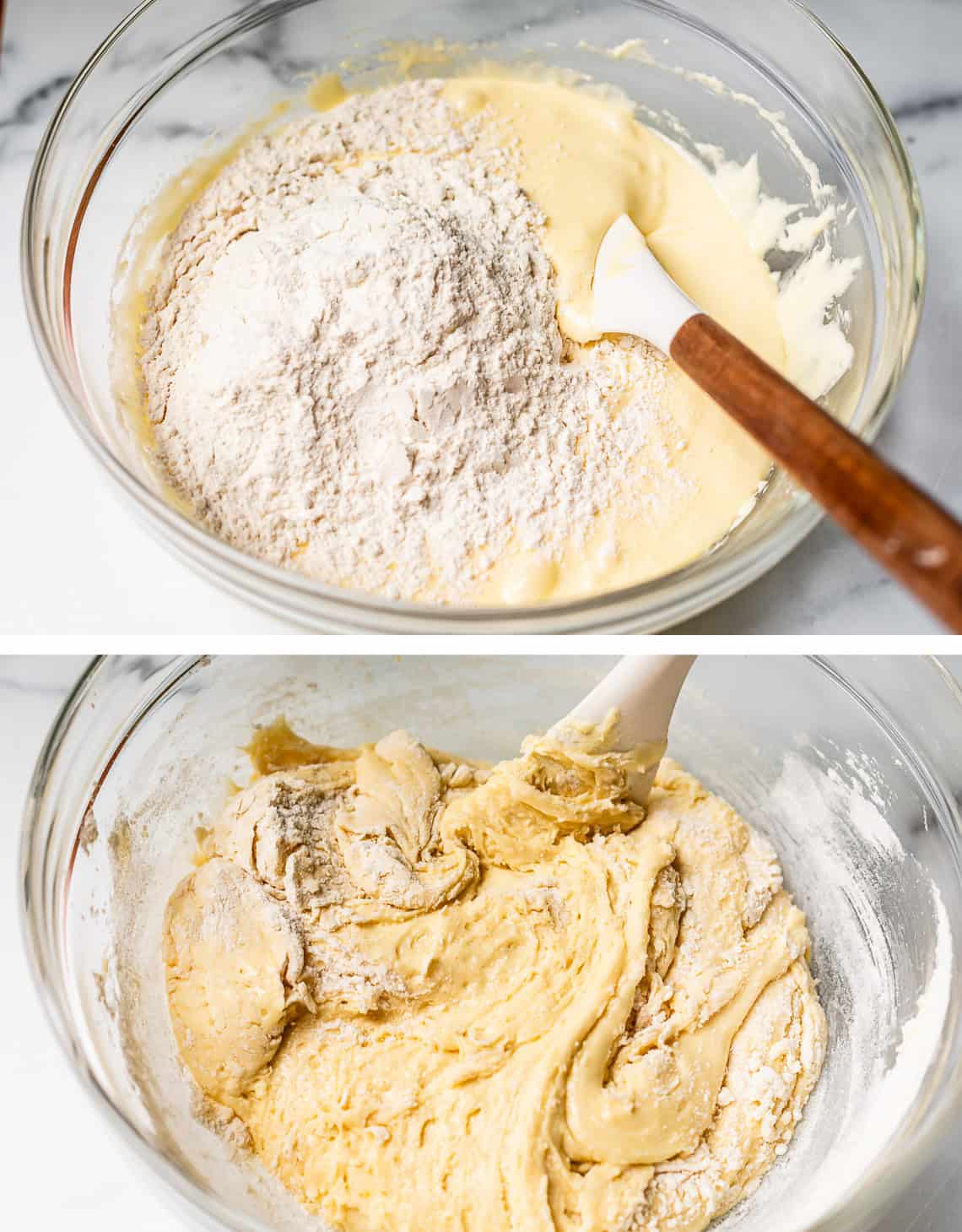 top: flour dumped on top of batter in glass bowl, bottom: spatula stirring flour in.