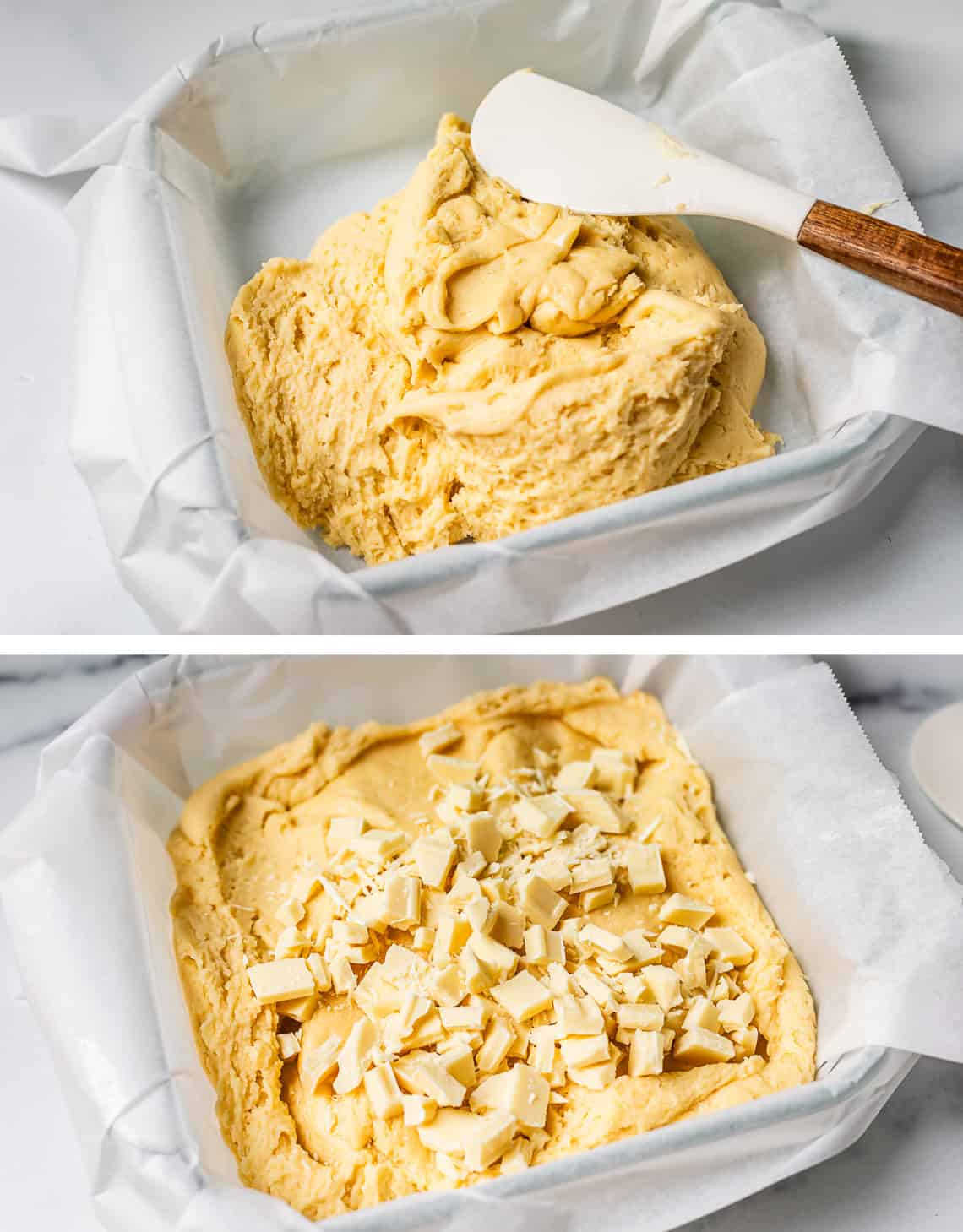 top: batter in parchment lined dish, bottom: whopped white chocolate on top.