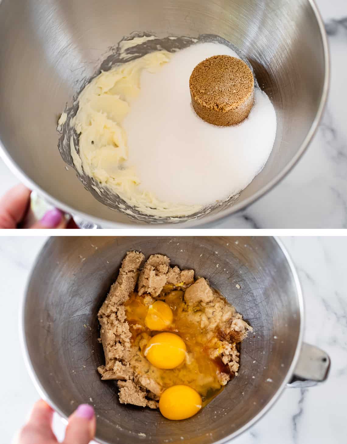 top butter and sugars in mixing bowl, bottom three eggs added to creamed mixture.