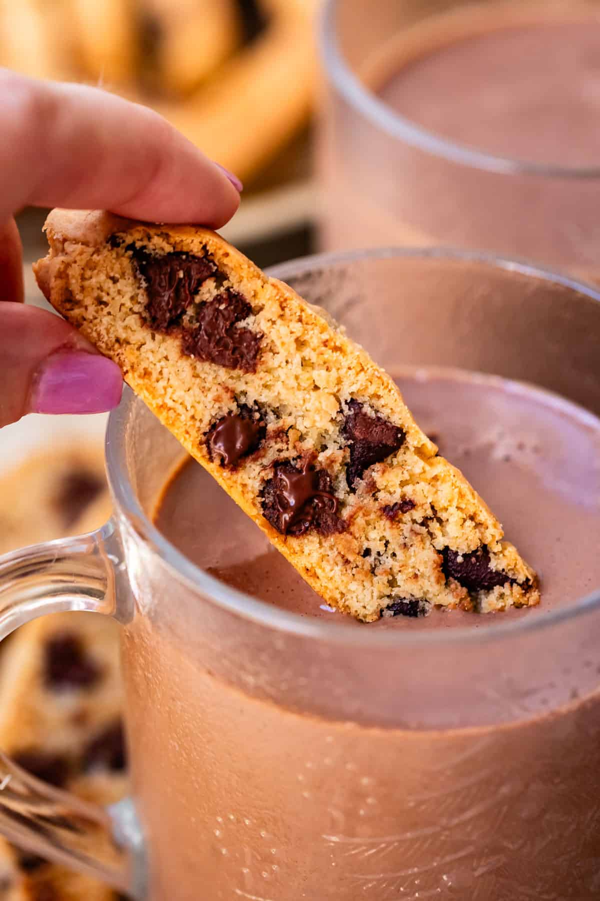 hand dipping a chocolate chip biscotti into a glass mug of hot cocoa.