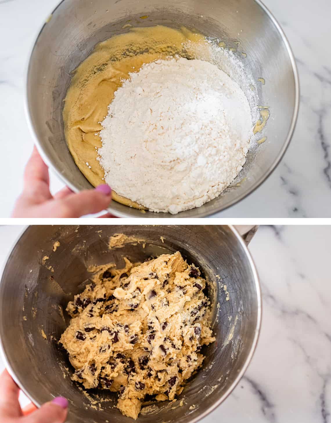 top dry ingredients added to wet, bottom fully mixed dough with chocolate in it.