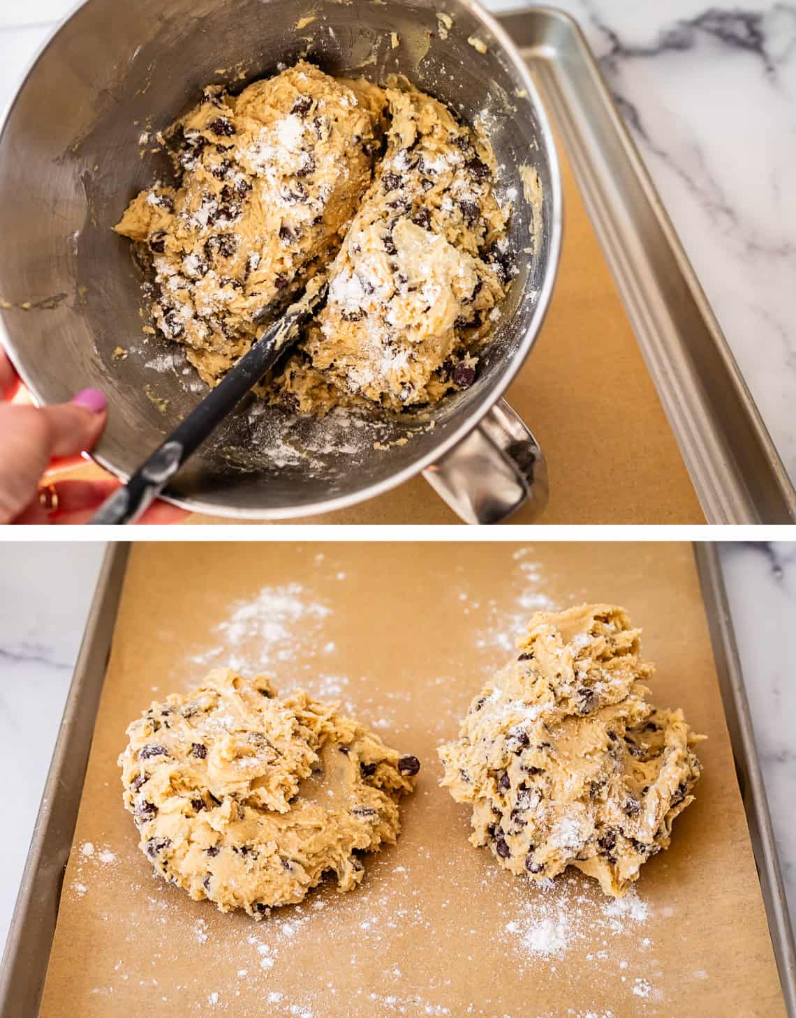 top spatula dividing dough in half in mixing bowl, bottom two halves on baking sheet.