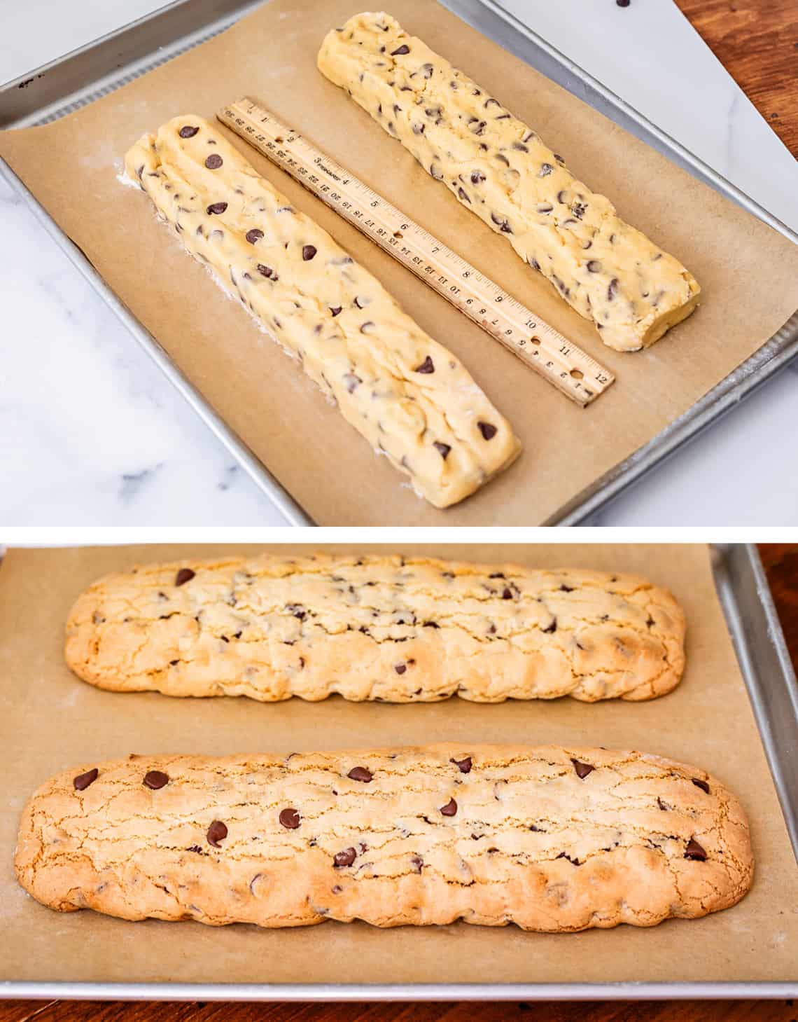 top two long, thin shaped rectangles of unbaked cookie dough, bottom the two baked.