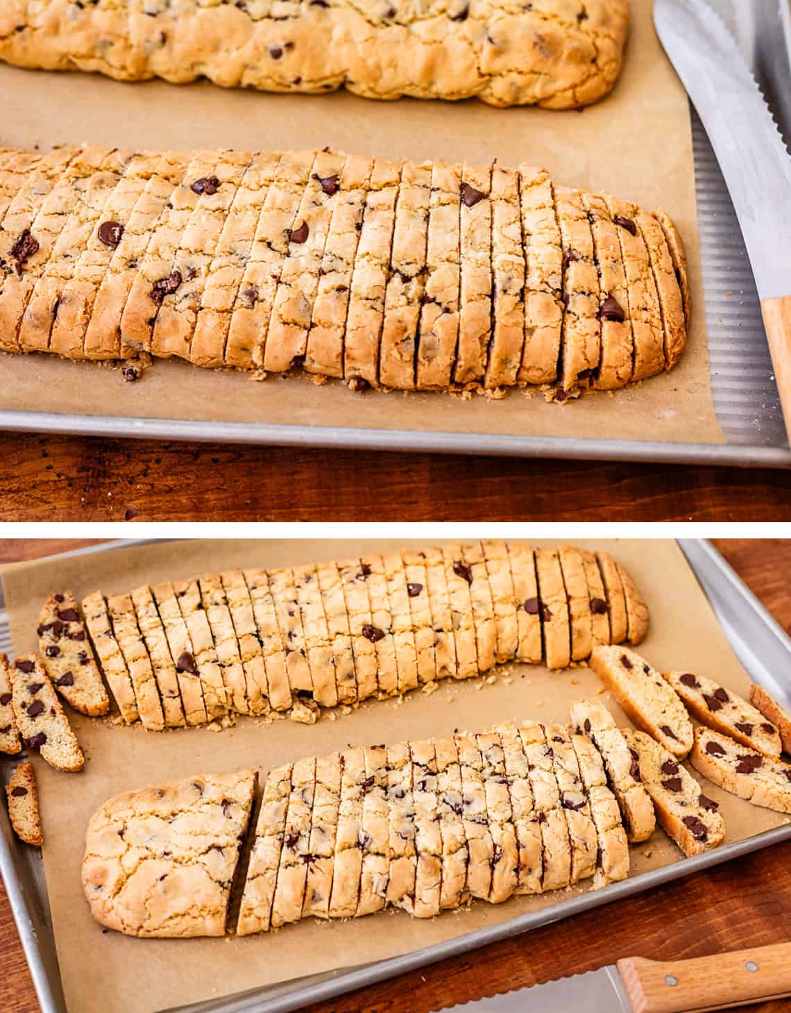 showing cuts in the long rectangles of partially baked dough to make smaller biscotti.
