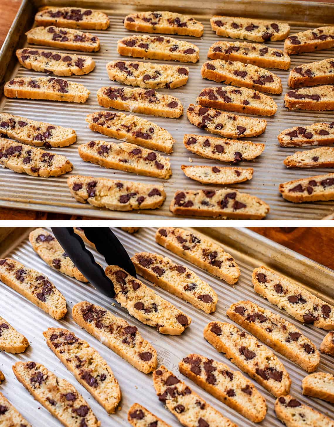 top thin pieces of cut biscotti on baking sheet, bottom tongs flipping one biscotti.