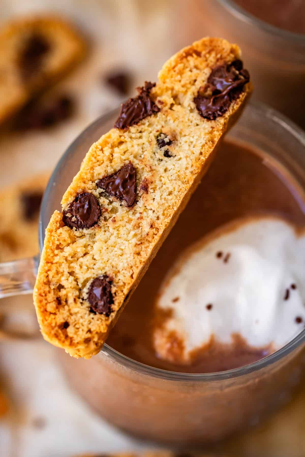 a biscotti cookie with chocolate chips balanced on the rim of a mug of hot cocoa.