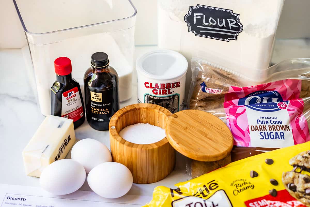 recipe ingredients for biscotti like flour, vanilla, butter, eggs, and more.