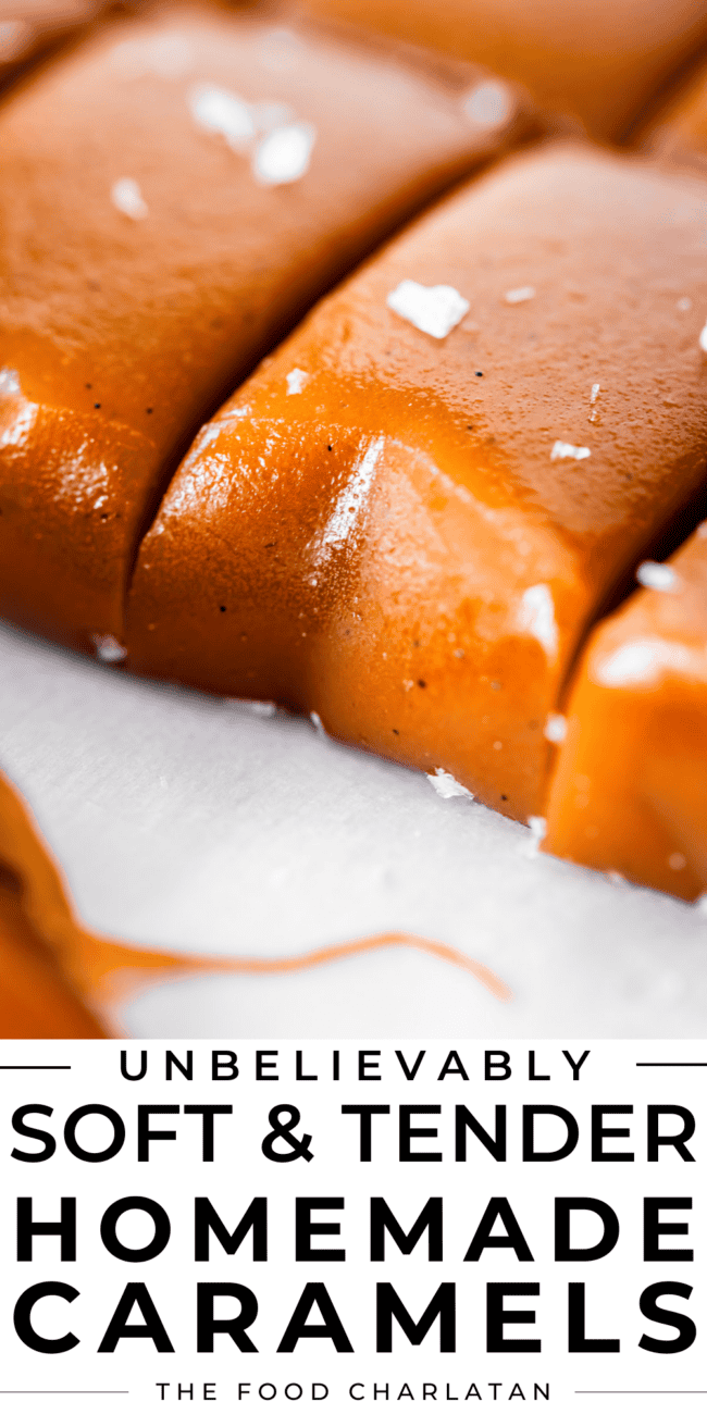 pinterest image of caramel with text "unbelievably soft & tender homemade caramels".