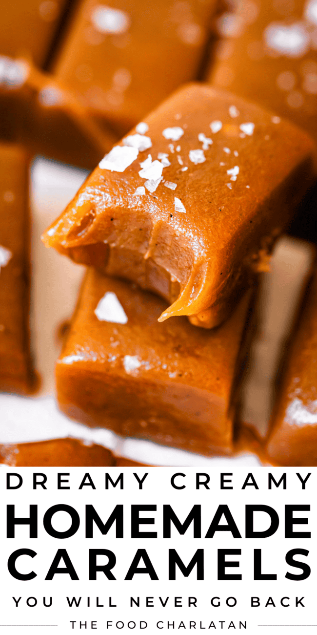 pinterest image of caramels with text "dreamy creamy homemade caramels you will never go back".